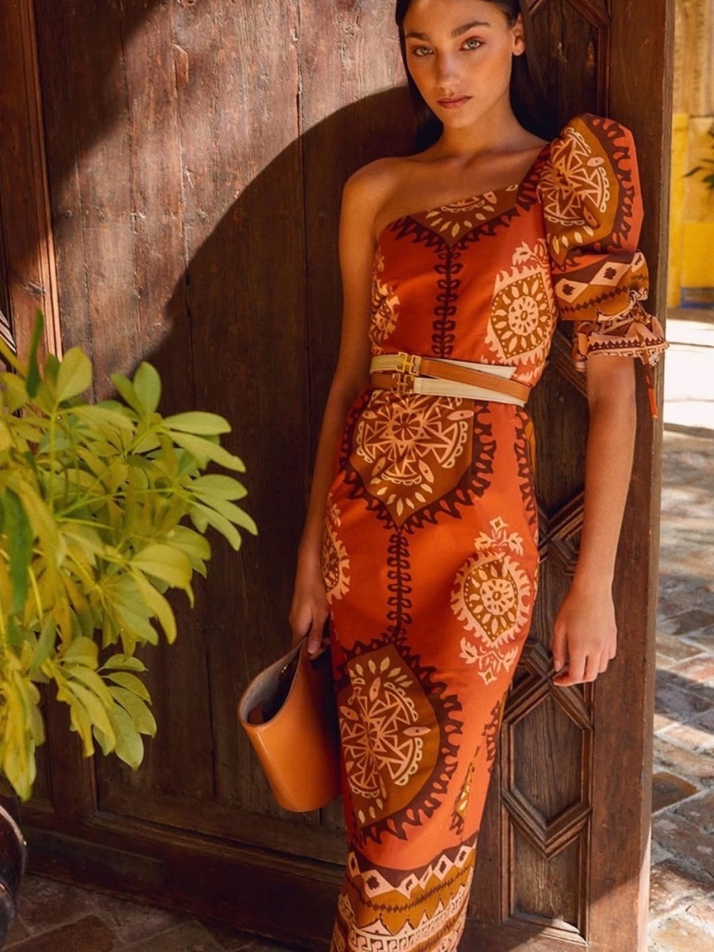 One-Shoulder Rust Printed Midi Dress with Puff Sleeve From IQ Collection